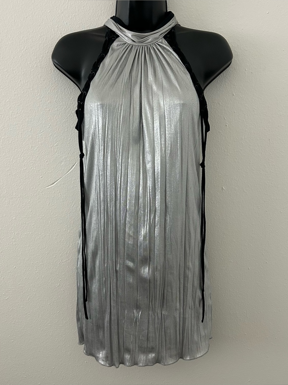 Vintage Y2K SALVAGE Silver Black Lace Up Metallic Long Tunic Halter Top Womens S